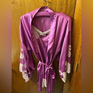 New Purple Victoria’s Secret 3 Piece Lace Robe and Satin Slip Set Size S